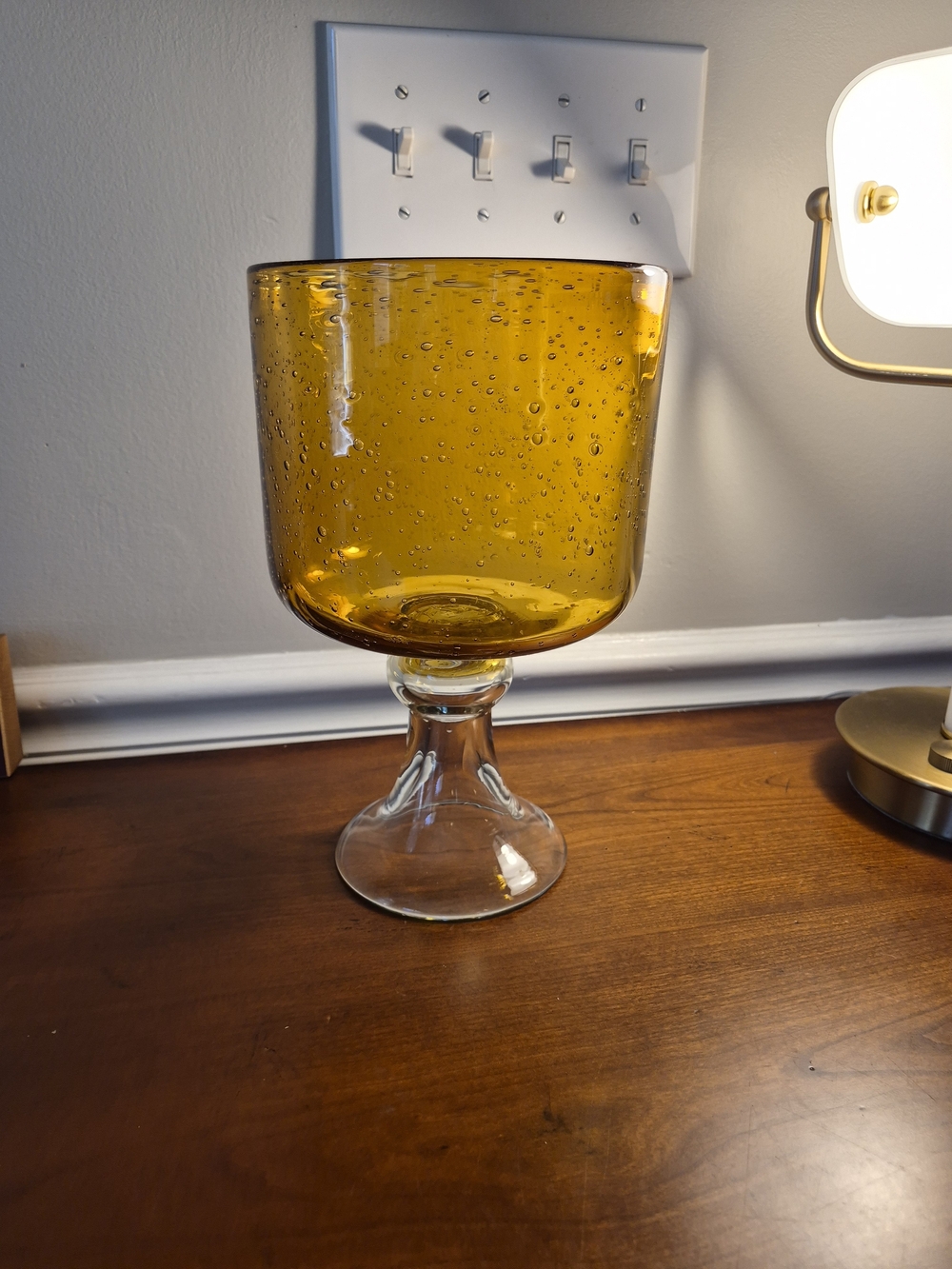 Large Amber Bubble Glass Pedestal Vase